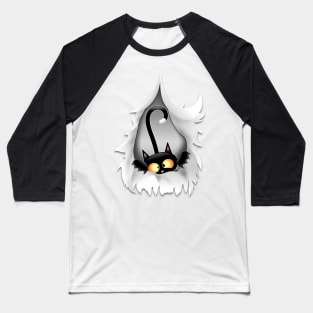 Fun Cat Cartoon in ripped fabric Hole Baseball T-Shirt